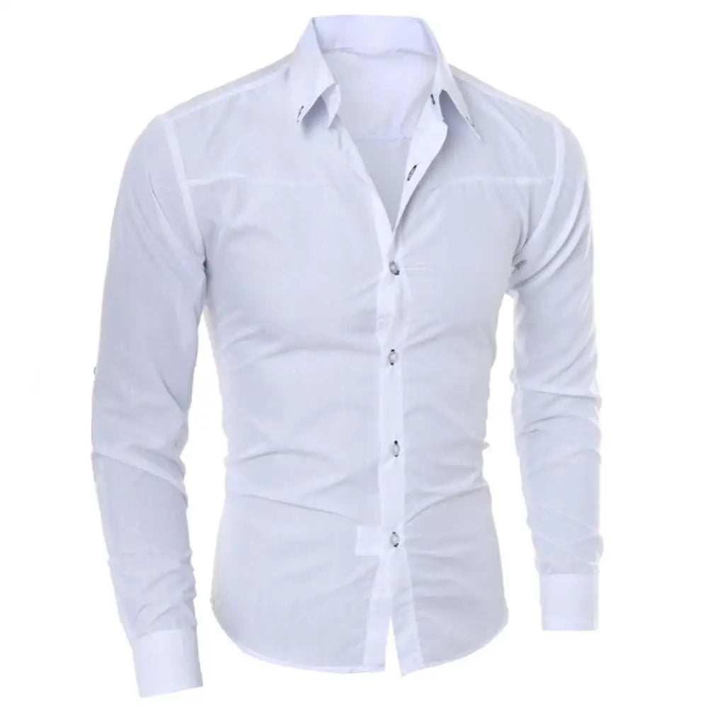 Men Shirts Solid Color Turn Down Collar Long Sleeve Shirts.